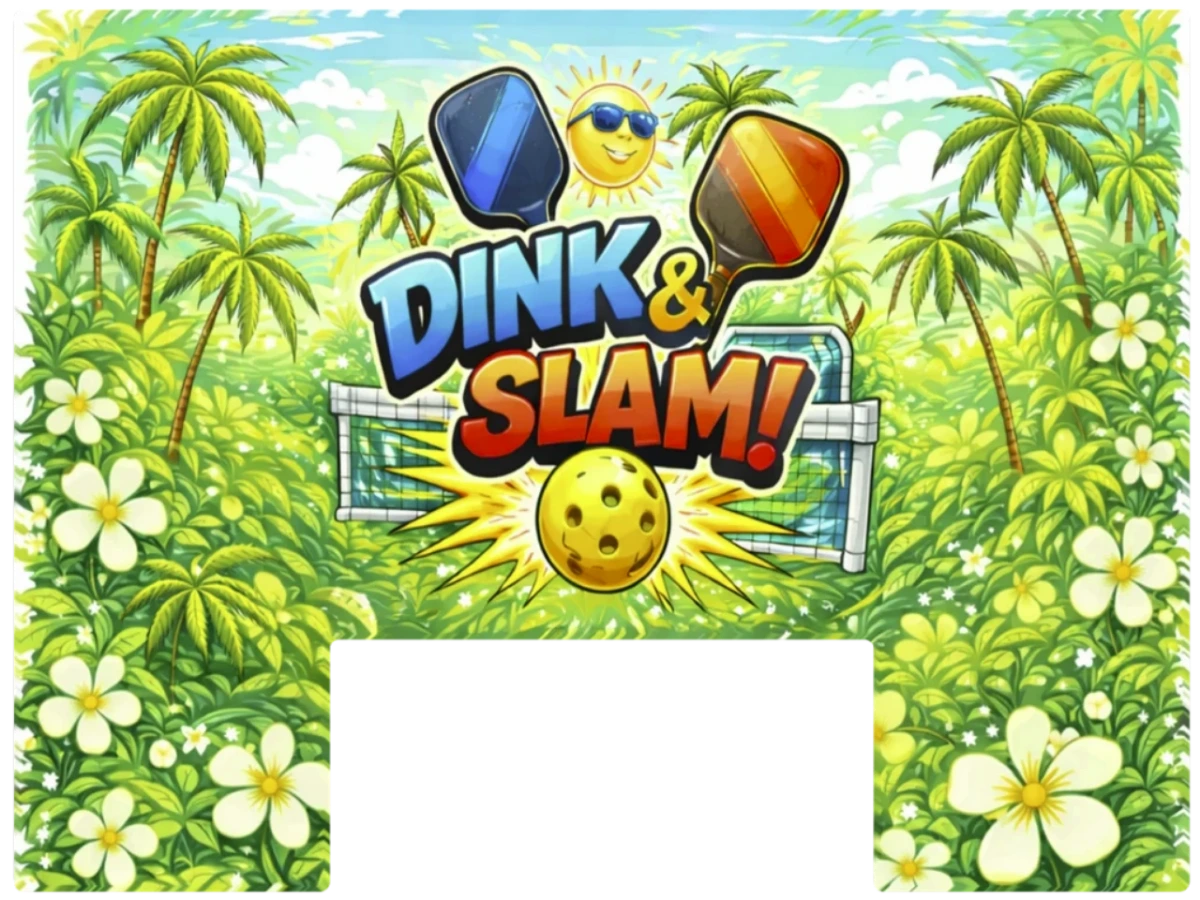 Paddle Saver™ Dink & Slam skin. The vinyl wrap has a tropical theme with pickleball paddles, ball and logo.