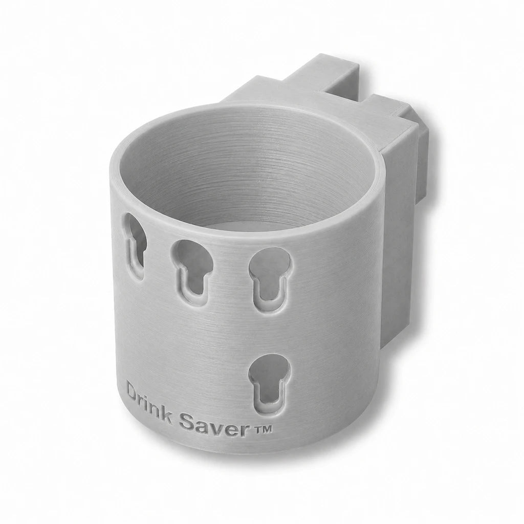Drink Saver™ in gray. Patented fence mounted cup holder.