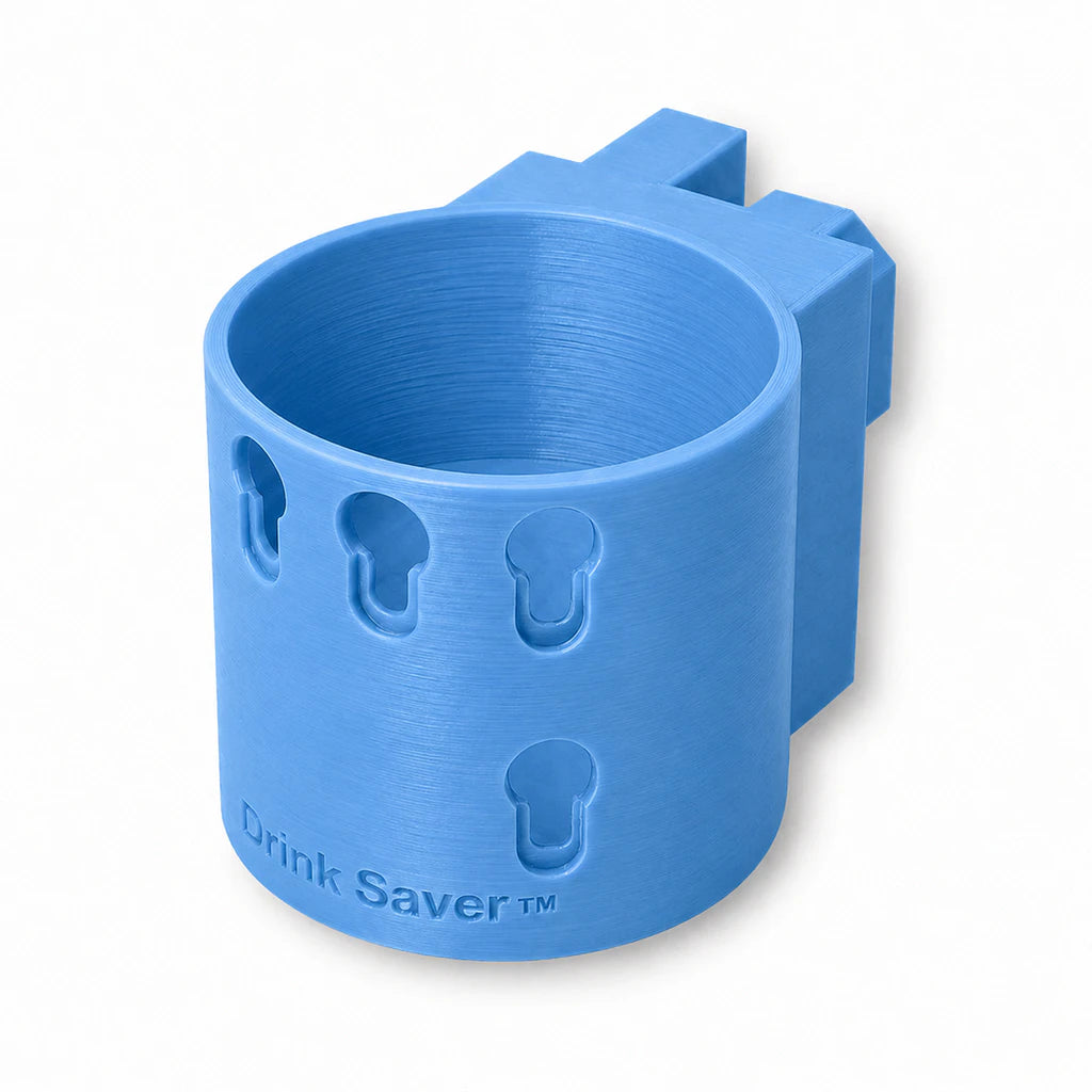 Drink Saver™ in light blue. Patented fence mounted cup holder.
