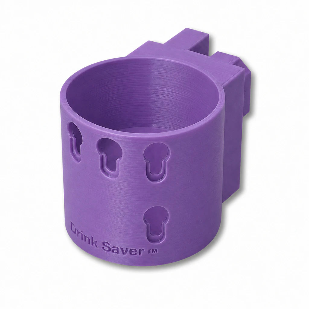 Drink Saver™ in purple. Patented fence mounted cup holder.