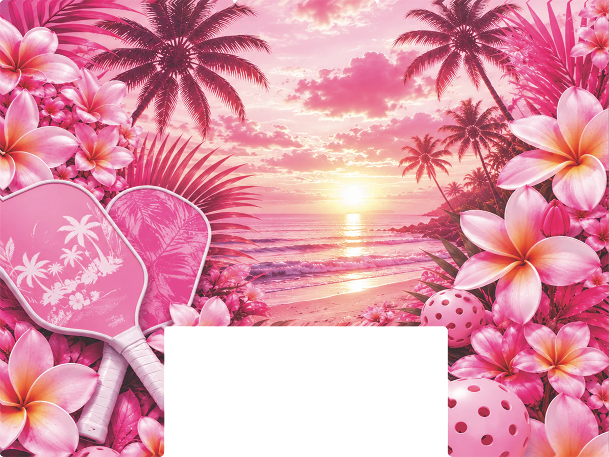 Paddle Saver™ Hibiscus Dusk skin.The vinyl wrap has a pink beach scene with paddles, balls, palm trees, hibiscus flowers, and a sunset.