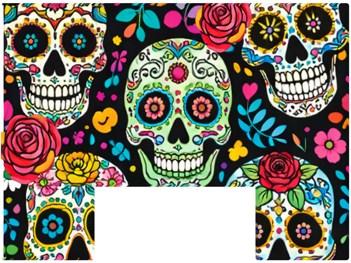 Paddle Saver™ Match Point Muerto skin. The vinyl wrap has a Day Of The Dead theme with colored skulls and flowers.