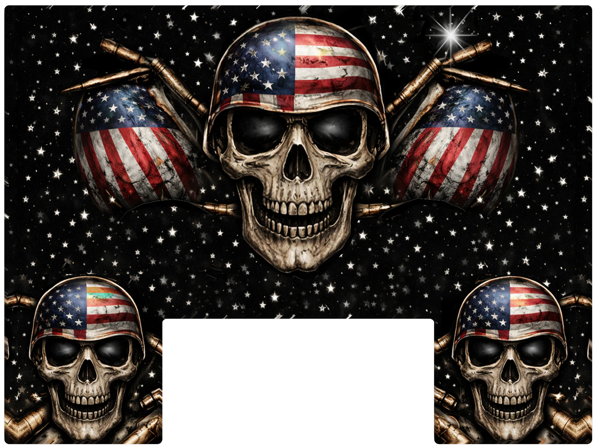 Paddle Saver™ Net Reaper skin. The vinyl wrap has a Graveyard patriotic theme with flag-helmet wearing skulls.