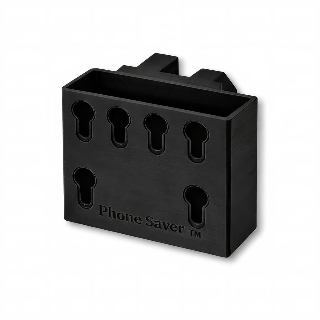 Phone Saver™ in black. Patented fence mounted phone caddy.