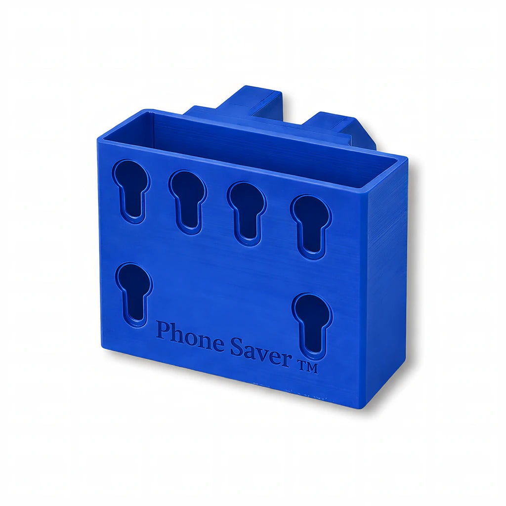 Phone Saver™ in blue. Patented fence mounted phone caddy.