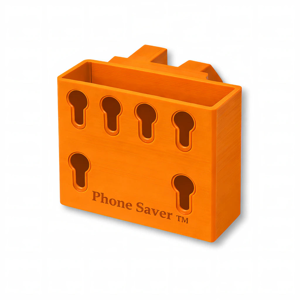 Phone Saver™ in orange. Patented fence mounted phone caddy.