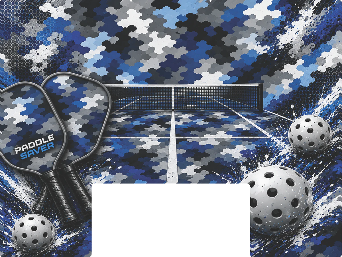 Paddle Saver™ Piece Of The Court skin. The vinyl wrap has pickleball paddles and balls on a blue puzzle piece court background.