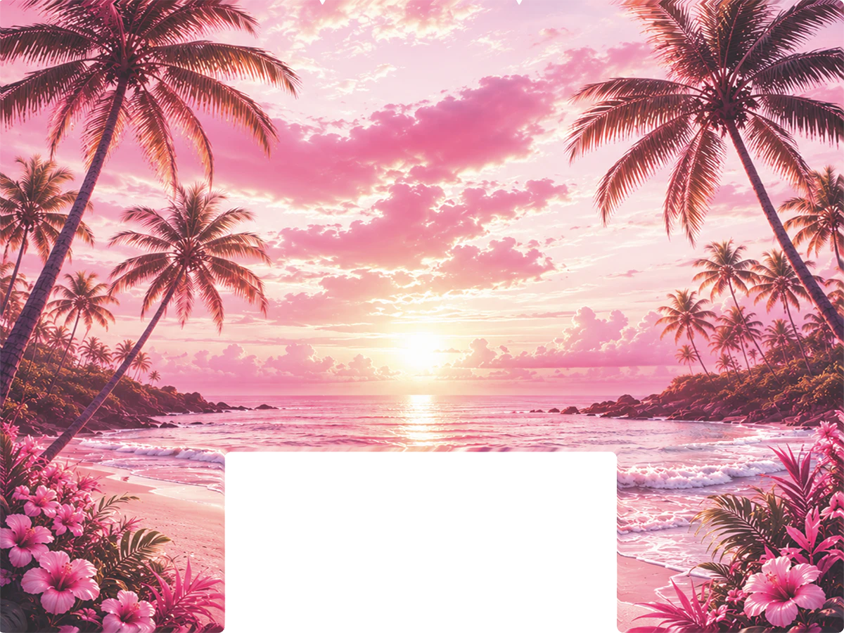 Paddle Saver™ Pretty In Pink skin. The vinyl wrap has a tropical beach scene with palm trees and flowers during a pink sunset.