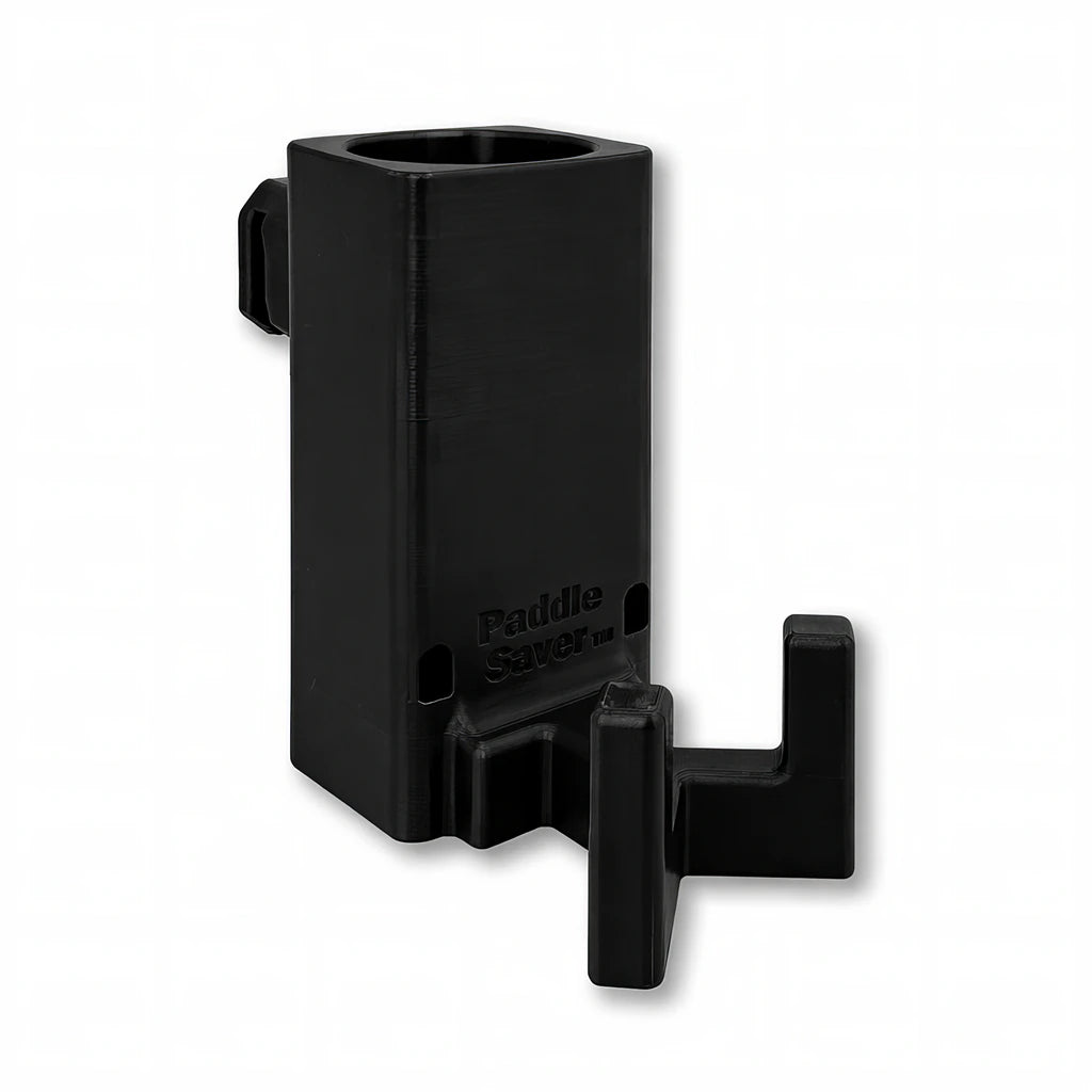 Paddle Saver™ in black. Patented fence mounted pickleball paddle holder.
