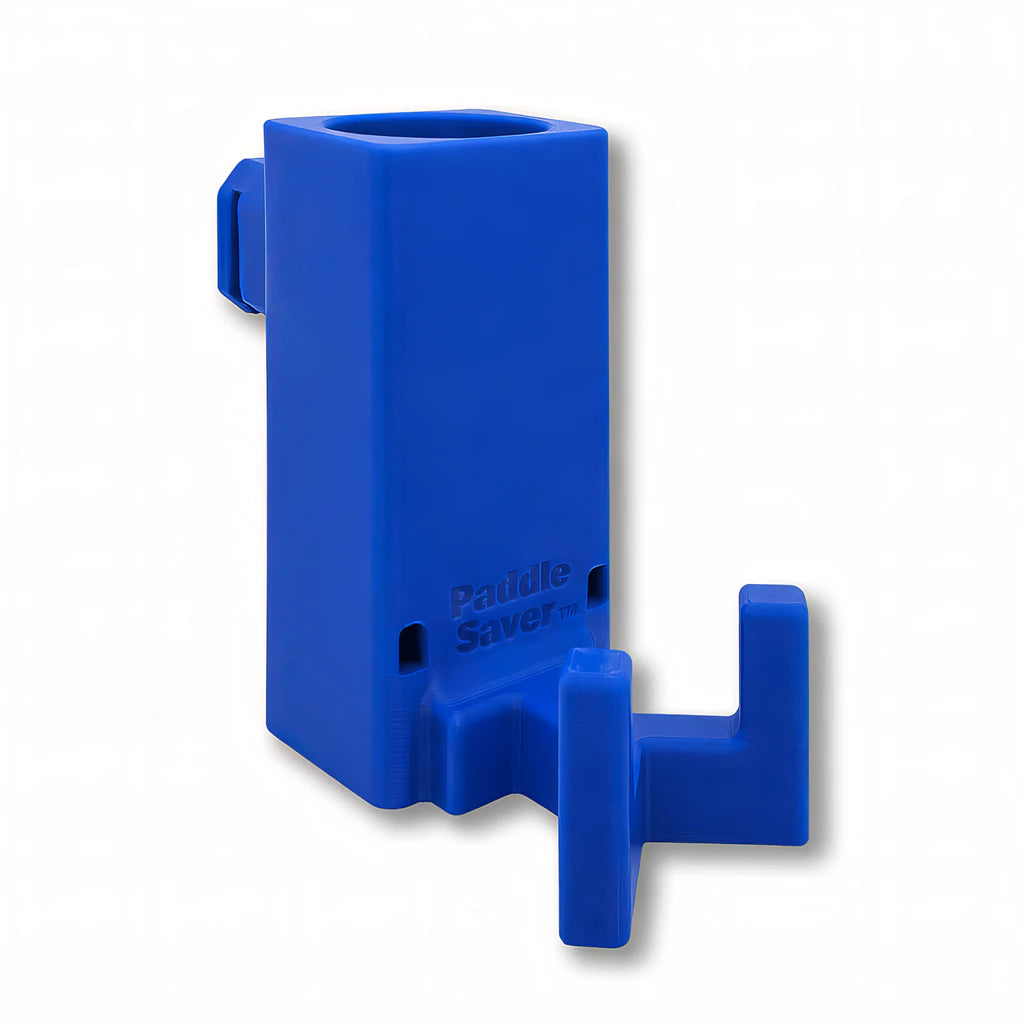 Paddle Saver™ in blue. Patented fence mounted pickleball paddle holder.