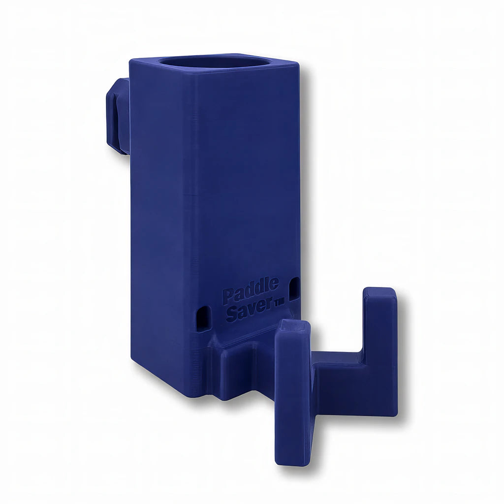 Paddle Saver™ in dark blue. Patented fence mounted pickleball paddle holder.