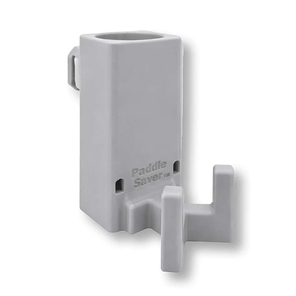 Paddle Saver™ in gray. Patented fence mounted pickleball paddle holder.