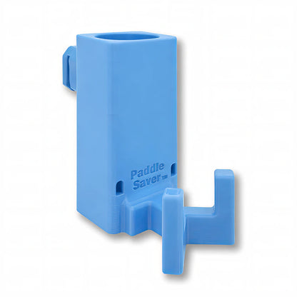Paddle Saver™ in light blue. Patented fence mounted pickleball paddle holder.