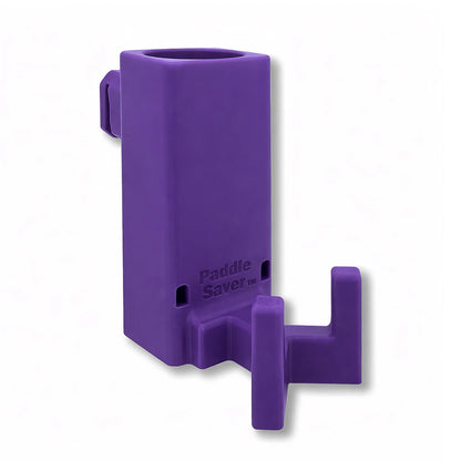 Paddle Saver™ in purple. Patented fence mounted pickleball paddle holder.