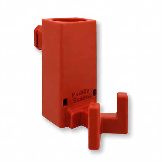 Paddle Saver™ in red. Patented fence mounted pickleball paddle holder.