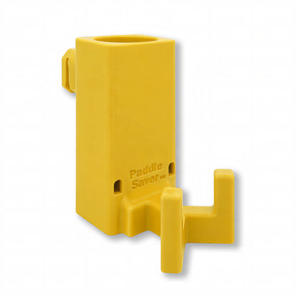 Paddle Saver™ in yellow. Patented fence mounted pickleball paddle holder.
