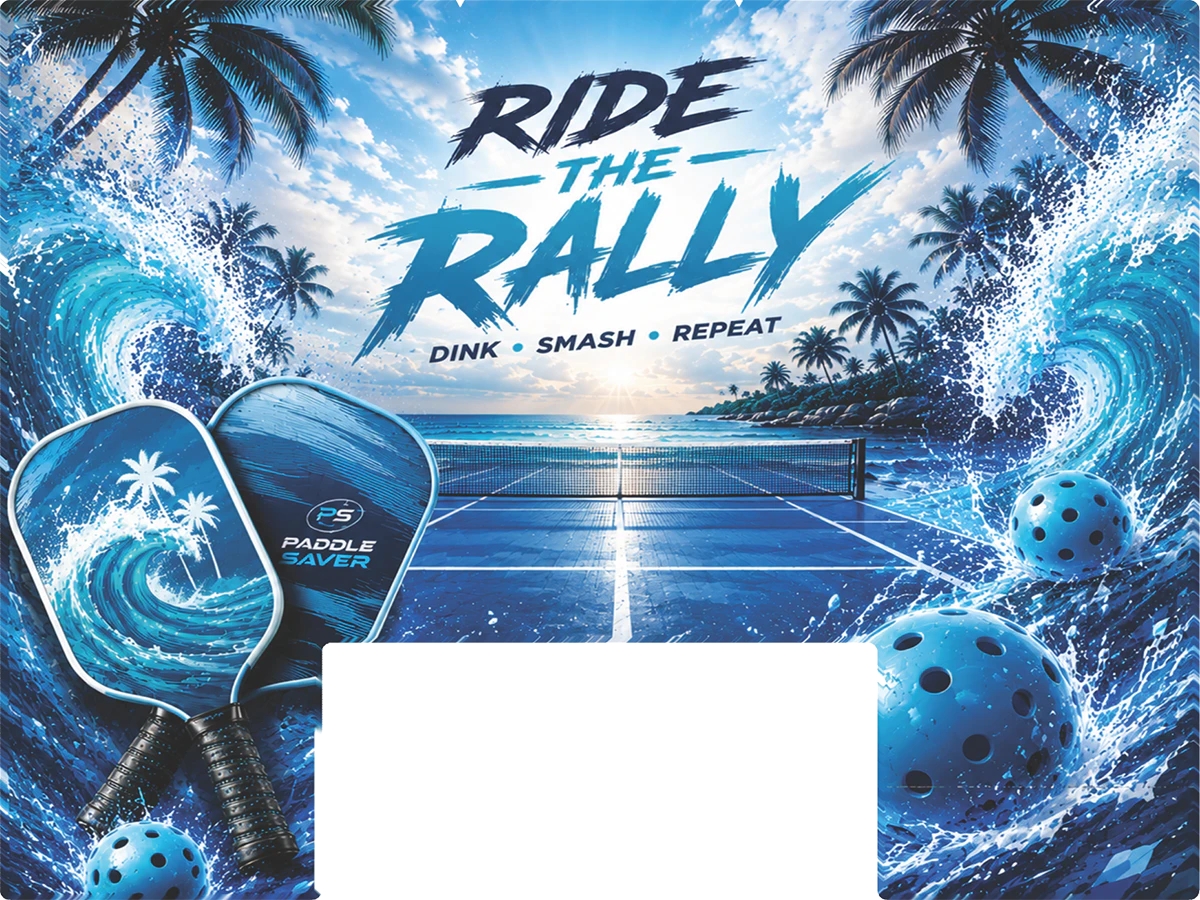 Paddle Saver™ Ride The Rally skin. The vinyl wrap has paddles and balls against a big wave background with a logo.